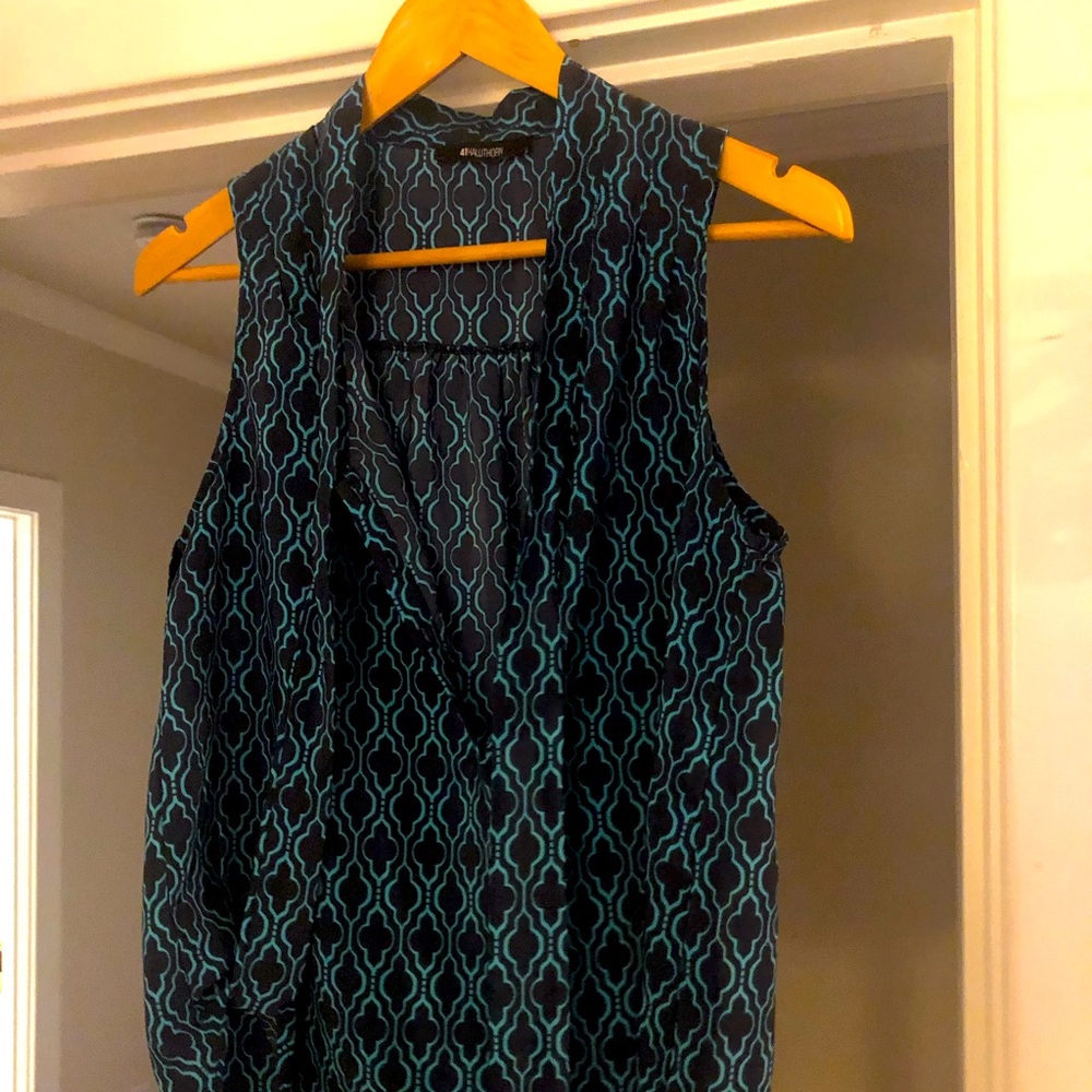 Teal navy medium Hawthorne sleeveless light work shirt with tie, geometric